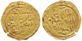 GREAT MONGOLS: Anonymous, ca. 1220s-1240s, AV dinar (2.28g), Samarqand, DM, A-B1967, totally anonymous, mint atop the field on one side, traces of a d...