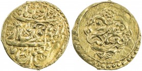 ZAND REBELS: Taqi Khan Bafqi, 1785-1787, AV ¼ mohur (2.65g), Yazd, ND, A-A2826, rosette of about 7 pellets in place of the slogan ya karim atop the re...