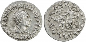 INDO-GREEK: Antialkides, ca. 115-95 BC, AE drachm (2.47g), Bop-9A, diademed bust right // Zeus seated, holding Nike, who in turn is holding a diadem, ...