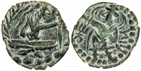 KUSHAN: Anonymous, ca. 4th/5th century, AE unit (2.29g), Pieper-1253 (this piece), cross-legged figure, holding scepter // moon deity Mao standing lef...