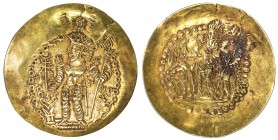 KUSHANO-SASANIAN: Varahran, ca. 325-350, AV scyphate dinar (7.48g), Cribb-9, standard design, king with plain korymbos above his crown, with "ribbons"...