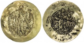 KUSHANO-SASANIAN: Varahran, ca. 325-350, AV scyphate stater (7.59g), Cribb-8/9, king standing, holding trident, offering at altar, 2nd trident to left...