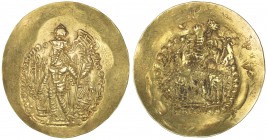 KUSHANO-SASANIAN: Varahran, ca. 325-350, AV scyphate dinar (7.72g), Cribb-9, Kidarite early issue in the name of Varahran, with his inscription still ...