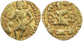 GUPTA: Kumaragupta I, 409-450/52, AV dinar (8.08g), BMC-254/56, Kumar p.316 (class II), Peacock Type: Kumaragupta, nimbate, standing left, his hand em...
