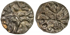 SATAVAHANAS: Kochchiputra, king, 1st century BC, BI round unit (1.84g), Pieper-658 (this piece), Newase region: elephant right, legend rajno kochiputa...