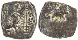 SATAVAHANAS: Anonymous, probably 1st century BC, AE squarish unit (5.79g), Pieper-717 (this piece), lion right, facing railed tree, Indradhvaja, swast...
