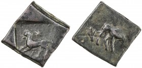 TAXILA: post-Mauryan, ca. 3rd-2nd century BC, AE square unit (12.38g), Pieper-1085 (this piece), horse left, within incuse square, star above and Gree...