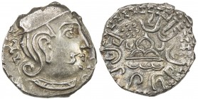 WESTERN KSHATRAPAS: Rudrasena IV, ca. 380-385, AR drachm (1.97g), ND, Fishman-38.3, undated series, with 7-pellet rosette and small crescent left of t...