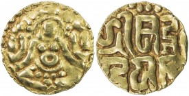 KALACHURIS OF TRIPURI: Gangeya Deva, ca. 1015-1040, AV 4½ masha (4g), De-119, seated deity Lakshmi // 3-line royal legend, relatively fine gold, VF to...
