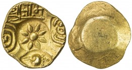 YADAVAS OF DEVAGIRI: Ramachandra, 1270-1311, AV pagoda (3.82g), Mitch-289, conch, Sri twice, and ruler's name, lotus in center, uniface, gorgeous stri...