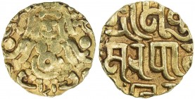 YADAVAS OF TRIBHUVANAGIRI: Kumara Pala, before 1196, AV 4½ masha (4.09g), De-148, seated deity Lakshmi // 3-line royal legend, broad flan, VF.
Estima...