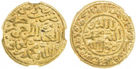 DELHI: Muhammad III b. Tughluq, 1325-1351, AV dinar (12.85g), Hadrat Delhi, AH728, G-D334, obverse legend duriba fi zaman al-'abd al-raji rahman Allah...