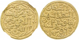DELHI: Muhammad III b. Tughluq, 1325-1351, AV dinar (12.72g), NM, AH728, G-D336, obverse legend duriba fi zaman al-'abd al-raji rahman Allah muhammad ...