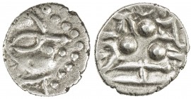 CHACH BRANCH AT MULTAN: Sri Tapanasa, before 712, AR dammas (0.75g), Mitch-MNI-269/75, FT-M4, crowned bust right, no akshara in the forehead // three ...