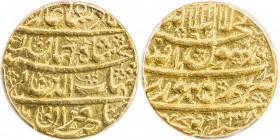 MUGHAL: Shah Jahan I, 1628-1658, AV mohur, Burhanpur, AH1038 year one (ahad), KM-254.2, year one (ahad) on the obverse, at the far left of the second ...