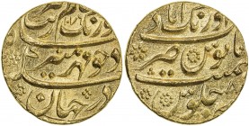MUGHAL: Aurangzeb, 1658-1707, AV mohur (11.97g), AH1076 year 8/7, KM-315.10, interesting regnal date overstrike, fantastic bold strike with bright ori...