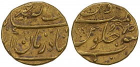 MUGHAL: Muhammad Shah, 1719-1748, AV mohur (10.77g), Surat, year one, KM-E438.1, scarce type with titles ba-lutf allah badshah-i-zaman, VF, S. This ty...