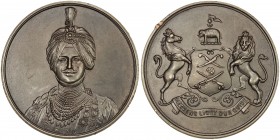 KAPURTHALA: Jagatjit Singh, 1877-1947, AE medal (38.19g), ND, 41mm, facing bust of Maharaja // coat of arms with elephant, horse and lion, the motto "...