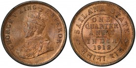 SAILANA: George V, 1910-1936, ¼ anna, 1912, KM-16, PCGS graded MS65 RB.
Estimate: USD 200 - 240
