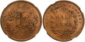 BRITISH INDIA: William IV, 1830-1837, AE ½ anna, 1845(m), KM-447.1, Prid-133, S&W-1.83, obverse B, reverse II, slab label should read (m) for Madras i...