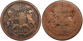 BRITISH INDIA: William IV, 1830-1837, AE ½ anna, 1845(c), KM-447.1, East India Company issue, obverse brockage error, PCGS graded F15. Known as a "lak...