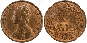BRITISH INDIA: Victoria, Queen, 1837-1876, AE ½ anna, 1862(b), KM-468, much original red mint luster, PCGS graded MS60 RB.
Estimate: USD 300 - 400