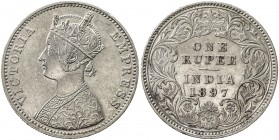 BRITISH INDIA: Victoria, Empress, 1876-1901, AR rupee, 1897(c), KM-492, S&W-6.227, rare date, cleaned, EF, R. 
Estimate: USD 250 - 350