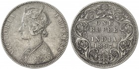 BRITISH INDIA: Victoria, Empress, 1876-1901, AR rupee, 1897-B, KM-492, S&W-6.230, rare date, lightly cleaned, EF, R. 
Estimate: USD 150 - 250