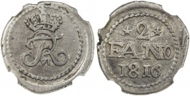 TRANQUEBAR: Frederik VI, 1808-1839, AR 2 fanon (royaliner), 1816, KM-173, struck with die rotated 90°, scarce two-year type, NGC graded EF45, S. 
Est...
