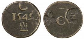 PORTUGUESE INDIA: João III, 1521-1557, AE real (3.07g), 1549, letter C above date, castle below // letter C at center, countermarked cross and castle,...