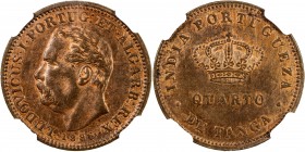 PORTUGUESE INDIA: Luiz I, 1861-1889, AE ¼ tanga, 1886, KM-308, deep orange and brown coloration, label residue on reverse of slab, NGC graded MS63 RB,...