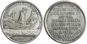 CHINA: white metal medal, 1848, BHM-2322, 27mm, medal by Messers Allen & Moore, "Voyage of the Junk Keying", starboard broadside view of the junk, mai...