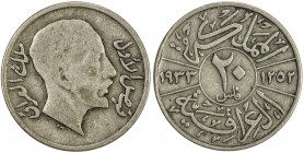 IRAQ: Faisal I, 1921-1933, AR 20 fils, 1933/AH1252, KM-99, die engraver's error with the Hijri date of 1252 instead of 1352, Fine, R. 
Estimate: USD ...