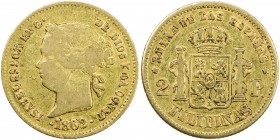 PHILIPPINES: Isabel II, 1833-1868, AV 2 pesos, 1862, KM-143, Fine.
Estimate: USD 150 - 200