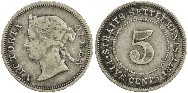 STRAITS SETTLEMENTS: Victoria, 1837-1901, AR 5 cents, 1877, KM-10, rare date and...