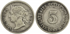 STRAITS SETTLEMENTS: Victoria, 1837-1901, AR 5 cents, 1877, KM-10, rare date and an attractive example! Fine.
Estimate: USD 1200 - 1400