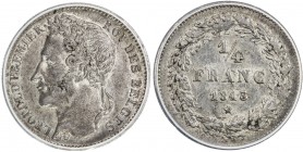 BELGIUM: Leopold I, 1831-1865, AR ¼ franc, 1843, KM-8, Dupriez 204, better date, ANACS graded EF45, R. 
Estimate: USD 175 - 225