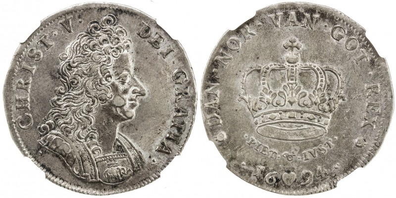 DENMARK: Christian V, 1670-1699, AR krone, 1694, KM-428, Dav-3648, with titles a...