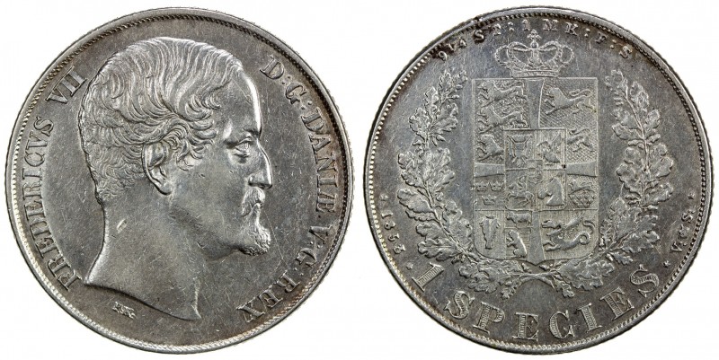 DENMARK: Frederik VII, 1848-1863, AR speciedaler, 1853, KM-744.1, mintmaster VS,...