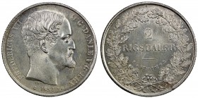 DENMARK: Frederik VII, 1848-1863, AR 2 rigsdaler, 1854, KM-761.1, mintmaster FF, orb privy mark, light surface hairlines, AU.
Estimate: USD 175 - 250