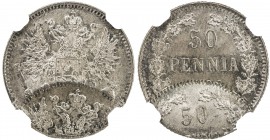 FINLAND: Nicholas II, 1894-1917, AR 50 penniä, 1916-S, KM-2.3, mint error, "double struck, 2nd strike 60% off-center", NGC graded MS65, RRR. The coin ...