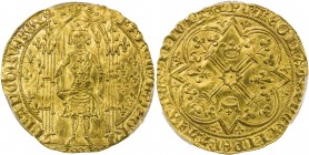 FRANCE: Charles V, 1364-1380, AV franc a pied (3.82g), Poitiers, Dupl-360D, king standing facing beneath a Gothic dais, sword in right hand, scepter s...