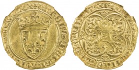 FRANCE: Charles VI, 1380-1422, AV ecu d'or à la couronne (3.92g), Fr-291, crowned coat-of-arms // cross fleurée, with star in center and inward-facing...