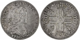 FRANCE: Louis XV, 1715-1774, AR petit louis d'argent (1/3 ecu), Paris mint, 1720-A, KM-455.1, Gad-305, EF. This type was used extensively in Louisiana...
