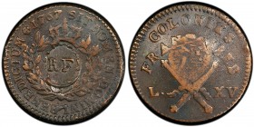 FRENCH COLONIES: First Republic, AE 3 sols 9 deniers, ND [1793], KM-1, Lecompte-277a, countermarked RF on French Colonies 12 deniers (1 sol) coin date...