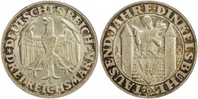 GERMANY: Weimar Republic, AR 3 reichsmark, 1928-D, KM-59, Jaeger 334, 1000th Anniversary of the Founding of Dinkelsbühl, orange peripheral toning, Cho...