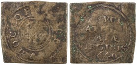 ENGLAND: Charles I, 1625-1649, AE halfpenny (7.06g), 1640, cf. North-2139, pattern or trial striking in copper, an uncut square; HOC OPVS DEI in outer...