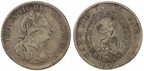 GREAT BRITAIN: George III, 1760-1820, AR dollar, 1804, KM-Tn1, S-3768, Bank of England issue, with traces of understruck coin visible, VF. This type w...