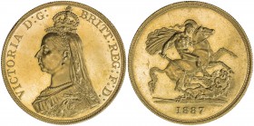 GREAT BRITAIN: Victoria, 1837-1901, AV 5 pounds, 1887, KM-11, Golden Jubilee, surface hairlines, Proof.
Estimate: USD 1800 - 2000