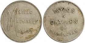 GREAT BRITAIN: nickel medal, ND, 20mm pure nickel machine trial, MINTING / MACHINERY / MAKERS with all words sharing the same letter M // TAYLOR / & /...